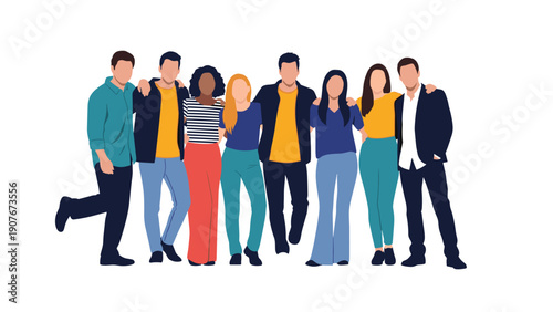 Diverse group of young men and women standing together in casual clothing against a clean and simple white background.
