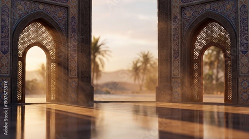 Ancient mosque archways lead to serene courtyard with palm trees and desert landscape at sunrise from inside