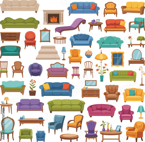 Living room furniture vector illustration set with sofas chairs tables lamps and decor, colorful flat style home interior elements collection design