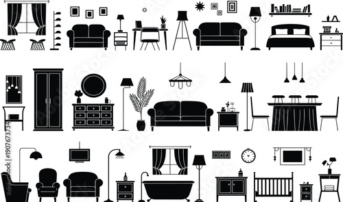 Modern home interior furniture icons set featuring living room, bedroom, dining, bathroom silhouettes, minimalist black vector illustration for interior design projects and decor