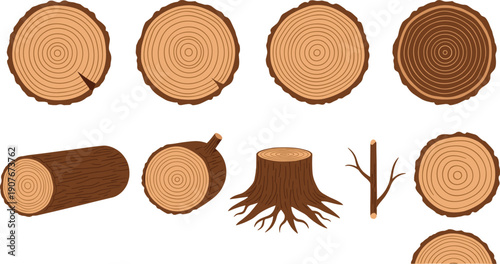 Wood Log and Tree Trunk Cross Section Icon Set with Forest Timber Elements, Stump, Branch, and Natural Wooden Texture Vector Illustrations