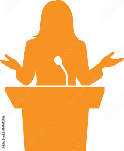 Female speaker at podium icon, public speech presentation concept, leadership communication symbol, orange silhouette illustration, isolated vector design
