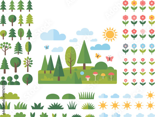 Nature landscape vector elements set with trees flowers grass clouds and sun, flat style forest garden illustration pack for games maps design