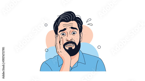 Worried man with a beard touching his face with a stressed expression against an abstract and colored circle background.