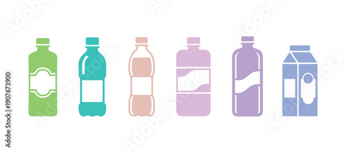 a group of simple icons illustrating a rectangular bottle for beverages set on a white background

