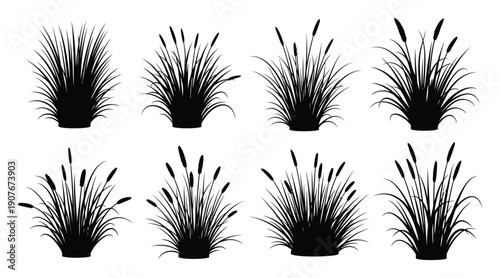 Collection of Black Silhouettes of Cattail Grass Clumps