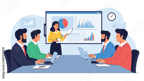Professional business presentation with woman explaining data charts on screen to attentive team in meeting room.