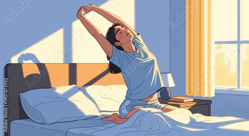 Young woman stretches awake in bed enjoying bright morning sunlight streaming through the window signaling a fresh start to her day