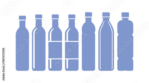 a series of basic icons representing a rectangular bottle for drinks on a white surface

