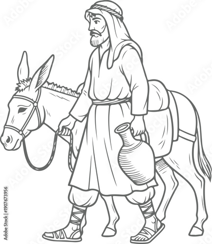 A man walking with a donkey, dressed in traditional attire, carrying a sack. Vector, illustration