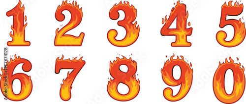 Flaming numbers set illustration, fire typography digits zero to nine, hot burning number design isolated white background