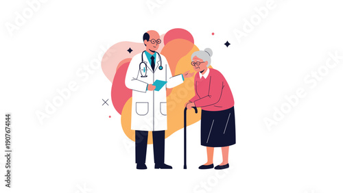 Professional male doctor discussing a medical report with an elderly woman using a cane in a clean clinic setting.
