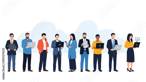 Diverse group of professional business people standing in line using various digital devices like laptops and tablets.