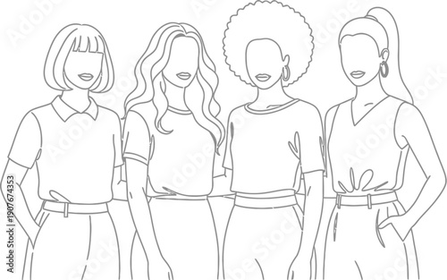 Minimalist line art drawing showcasing a diverse group of four confident women standing together symbolizing female friendship and empowerment in modern fashion.