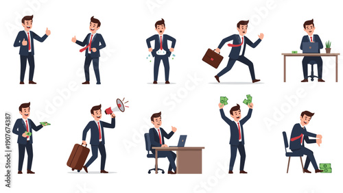 Set of ten illustrations featuring a businessman in various work and life scenarios including stress and success.