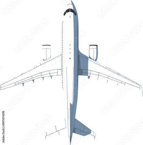 Top view illustration of commercial passenger jet airplane with engines, wings, fuselage, and stabilizers designed for aviation transport and engineeringb
