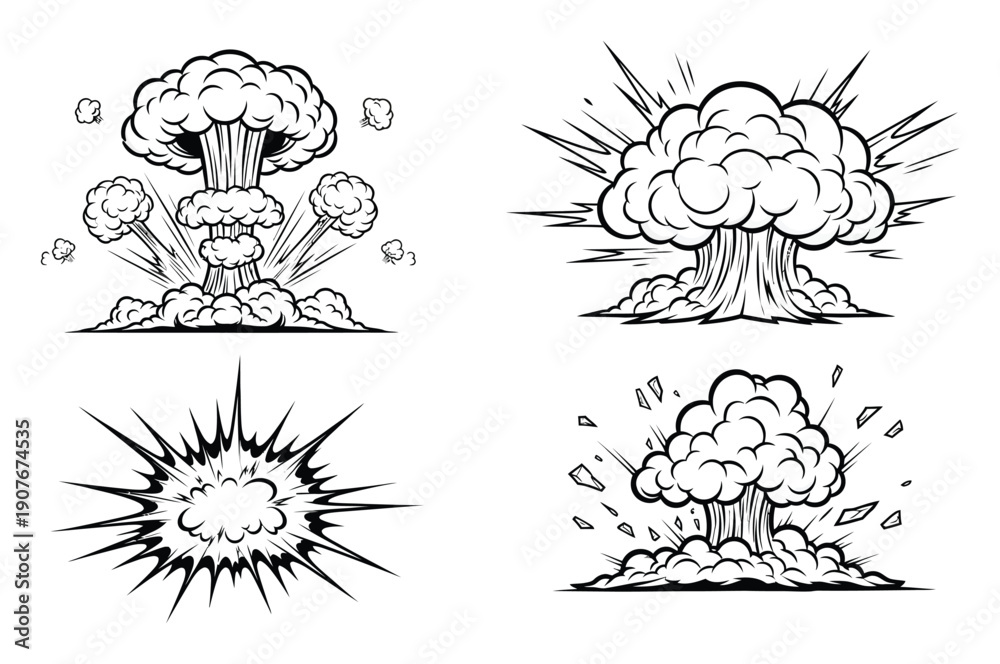 Fototapeta premium Comic Book Style Explosions and Mushroom Clouds in Black and White