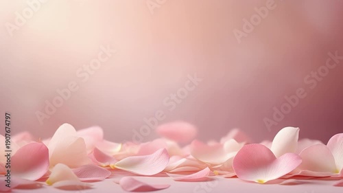 Empty background concept where petals are scattered against a soft pastel-toned background.