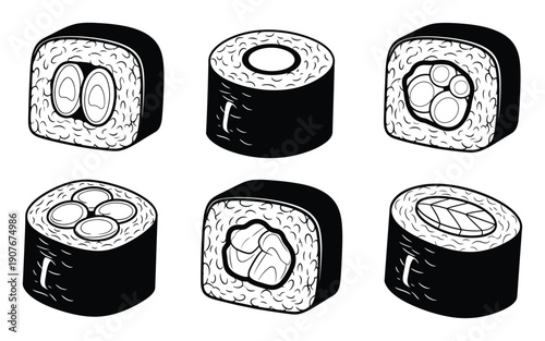 Six Hand-Drawn Sushi Rolls with Various Fillings