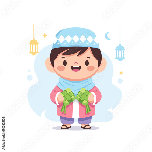 Cute boy character in muslim outfit holding ketupat for eid