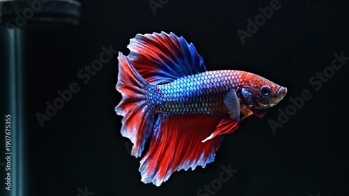 Vibrant Siamese fighting fish with flowing red and blue fins swimming gracefully