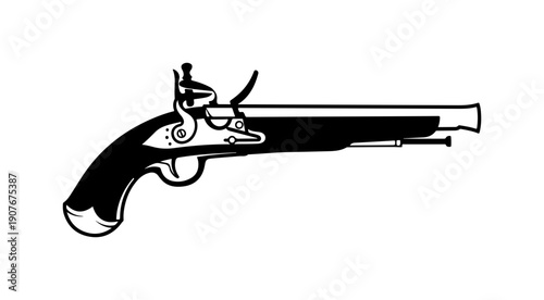 Black and White Flintlock Pistol Vector Illustration