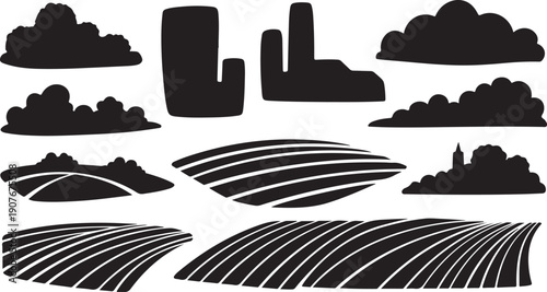 Silhouette landscape icons with clouds and rolling hills graphic
