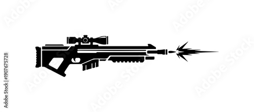 Black Vector Silhouette of Modern Assault Rifle with Scope and Bayonet