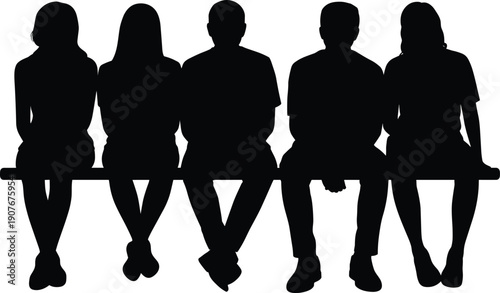 People sitting silhouette on bench, group waiting together, teamwork concept, social gathering illustration isolated white background