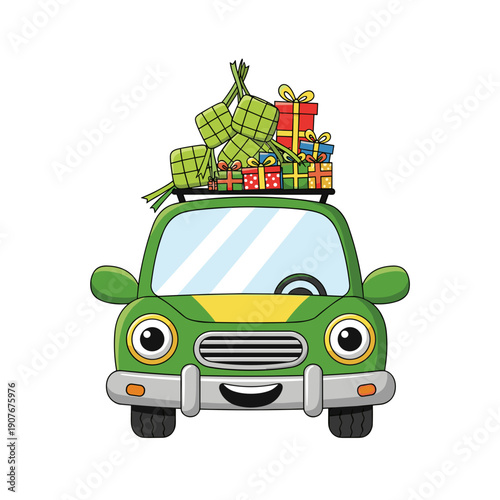 Cute green car character carrying a lot of holiday gifts