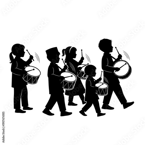 Black silhouette of children playing drums in a procession