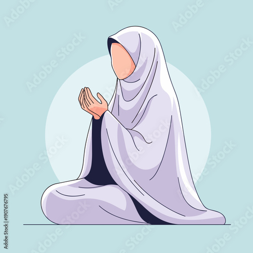 Muslim woman in hijab praying with hands raised in devotion