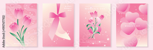Happy Womens Day vector poster illustration with ribbon bow, spring flowers and floating hearts on pastel pink background. Festive design for cards, banners, invitations and posters.