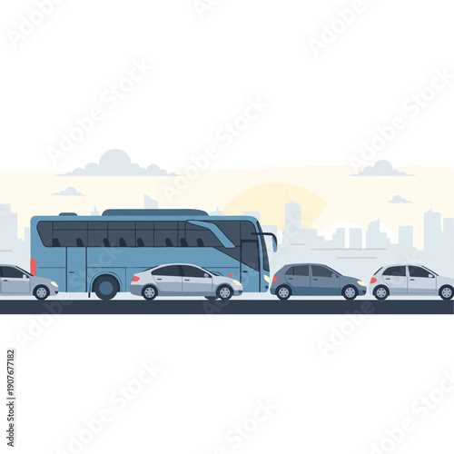 Bus and cars in a traffic line on the city highway