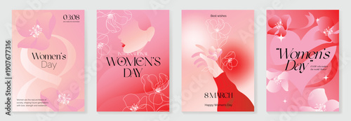 Happy Womens Day vector poster illustration with rose flower background, soft gradient and elegant lettering in pink tones. Romantic design for greeting cards, posters, invitations and packaging.