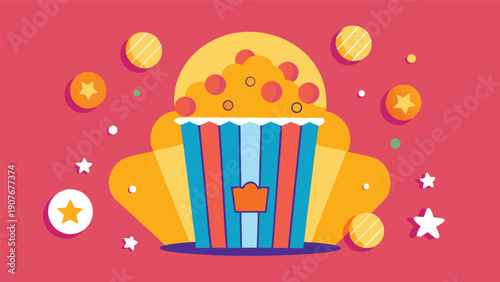 A vibrant popcorn bucket decorated with colorful stars and coins