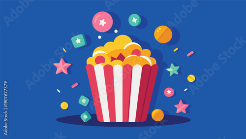 A vibrant popcorn bucket decorated with colorful stars and coins