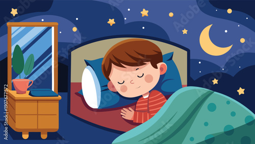A boy peacefully sleeping in bed, resting on a pillow beside a softly glowing lamp