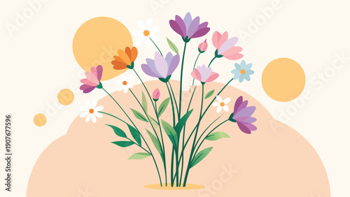 A vibrant bouquet of flowers is displayed in front of a bright sun