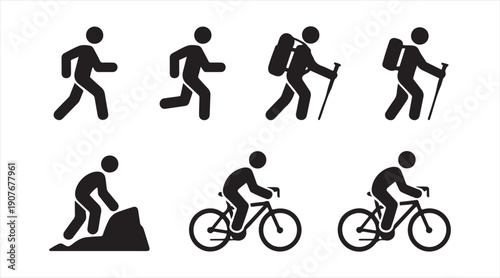 Black fitness and adventure symbols set for active lifestyle and recreation design