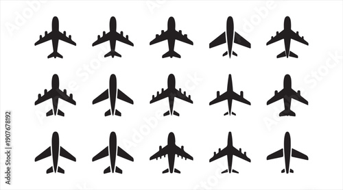 Airplane top view silhouette icon collection for aviation and travel design