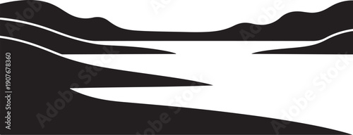 Minimalist black and white landscape with hills and water