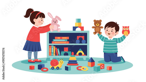 Young children playing together with a wide variety of toys including building blocks, books, and stuffed animals in a bright and cozy playroom.
