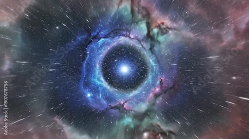 Vibrant cosmic nebula with streaking stars suggesting warp speed travel through