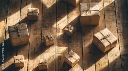 Overhead view of rustic gift boxes tied with twine on a wooden floor.