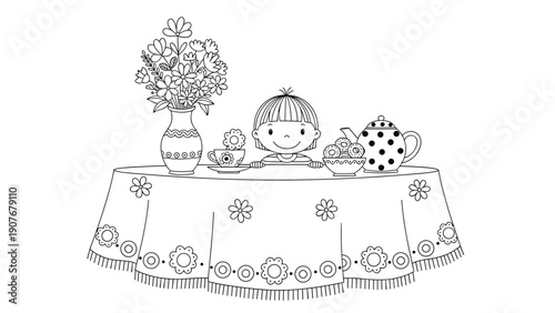 Line art illustration of a cute little girl peeking over a dining table set for a tea party with a teapot, cups, and a vase of spring flowers.