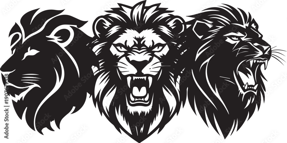 Fototapeta premium Triple lion head logo illustration in bold monochrome vector style isolated on white background