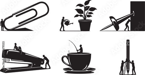 Office workers struggling with everyday office supplies and tasks