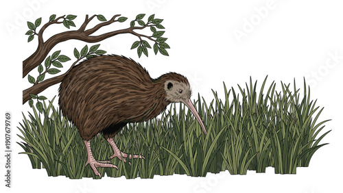 Unique brown kiwi bird searching for food in the tall grass under the shade of a leafy tree in its natural habitat.