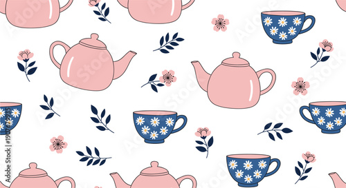 Cute teapot and teacup seamless pattern vector with floral elements and pastel kitchen drinkware illustrations isolated on white background